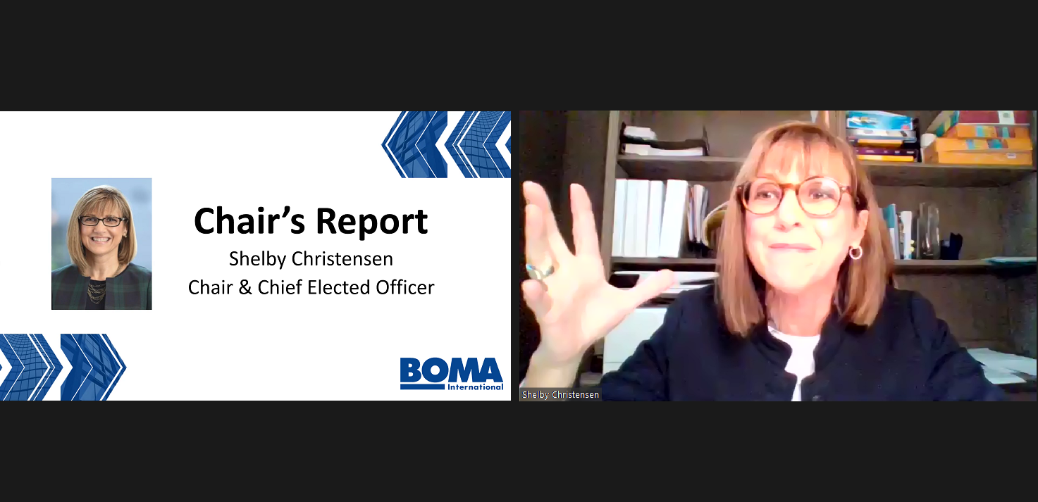 BOMA International Chair Shelby Christensen shares optimism for the future during her Chair’s Report delivered at the Board of Governors Meeting.